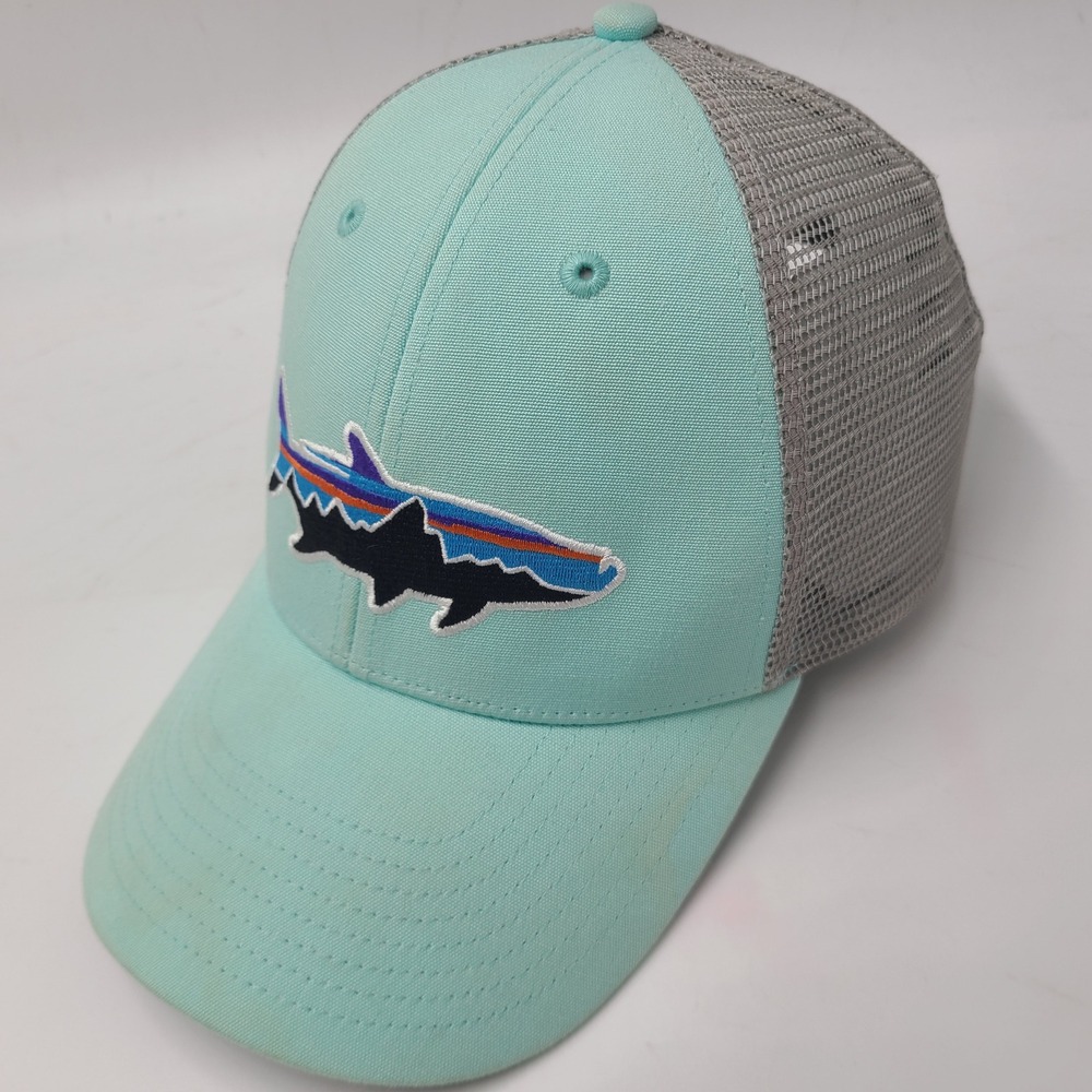 Patagonia Hat Snapback Trucker Mesh Mint Blue Gray Tarpon Fish Distressed Men
